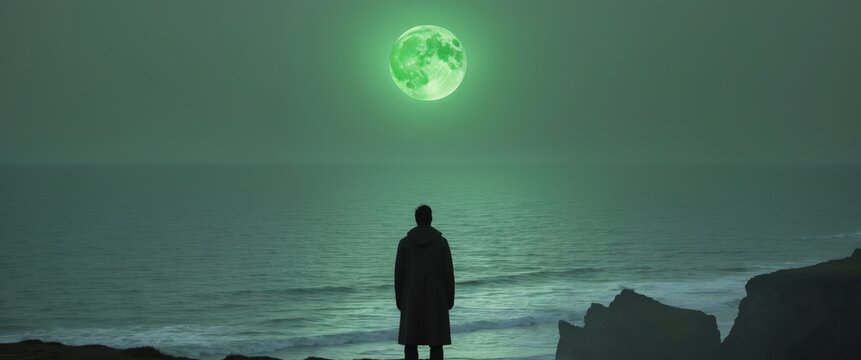 Lone figure on cliff under enigmatic green moon over ocean.