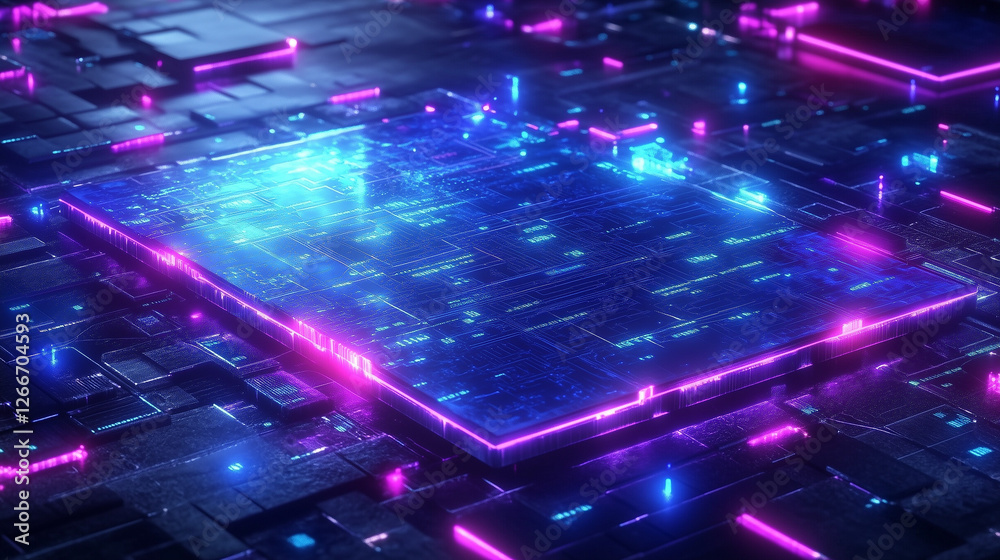 Poster 3d render of a neon-glowing circuit board with blue and purple hues, showcasing advanced connectivit