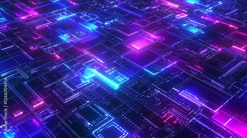 Leinwandbilder 3d render of a neon-glowing circuit board with blue and purple hues, showcasing advanced connectivit