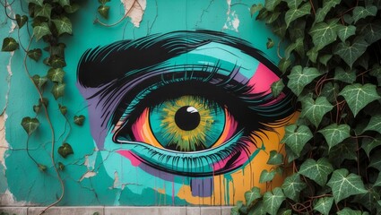 Vibrant mural of an eye surrounded by ivy on a weathered teal wall showcasing urban art and nature's blend