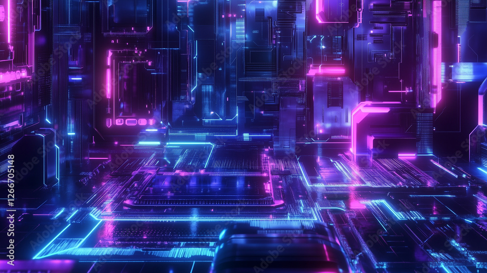 Poster 3D Render of a Neon-Glowing Circuit Board with Blue and Purple Hues, Showcasing Advanced Connectivity and Data Flow in a Digital World.