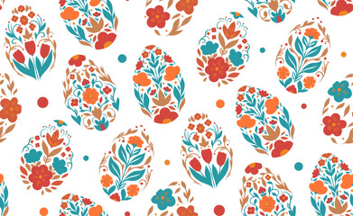 Vector seamless pattern with Easter eggs in folk art style on white background. Texture with decorative holiday eggs. Wallpaper with spring floral ornament. Background for fabrics