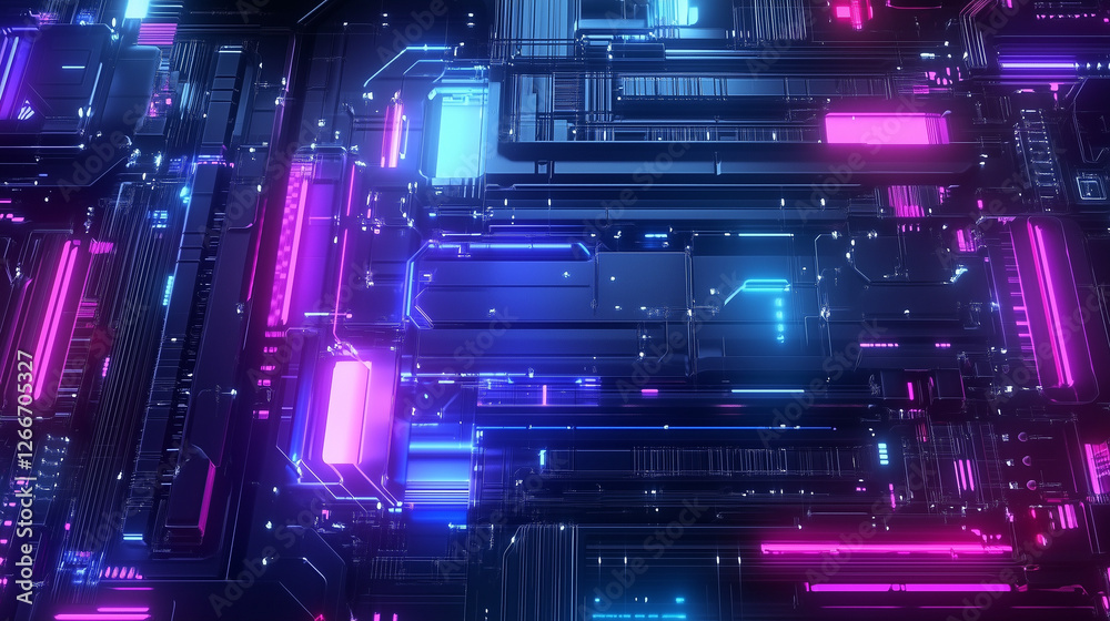 Poster 3D Render of a Neon-Glowing Circuit Board with Blue and Purple Hues, Showcasing Advanced Connectivity and Data Flow in a Digital World.