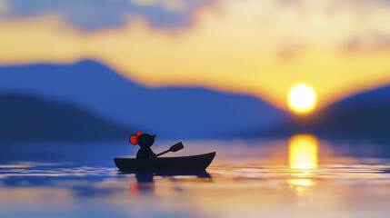 Fototapeta premium cartoon mouse in boat at sunset, enjoying peaceful moment on water