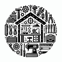 illustration, vector, image, art, art image, wallpaper, workshop, logo workshop, logo, icon, black and white