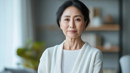 asia Before and after photos of a problematic face and healthy skin. Portrait of a Mature Asian Woman with Calm Expression