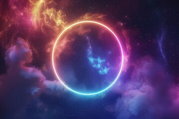 Cosmic portal Bright ring amidst nebulae, stars, clouds. For tech, sci-fi, or dreamlike visuals