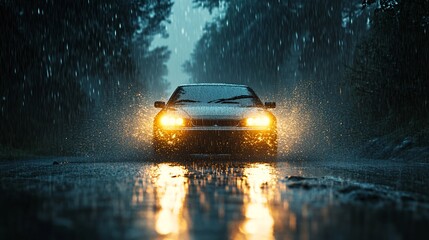 Car Driving Through Heavy Rain At Night