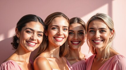 Obraz premium A joyful group of women dressed in pink stand close together, laughing and enjoying each other’s company. Their bright expressions symbolize unity, support, and happiness.