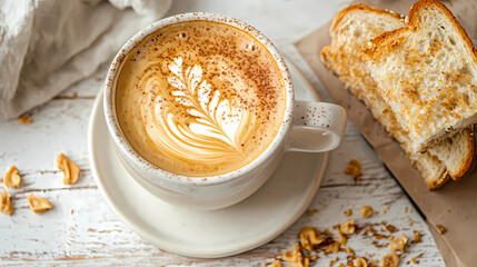 A delightful pairing of a coffee latte and freshly baked bread