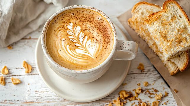 A delightful pairing of a coffee latte and freshly baked bread