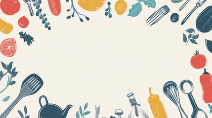 Colorful kitchen utensils and fresh ingredients frame a blank space for recipe design