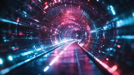 Fototapeta premium A futuristic tunnel illuminated by vibrant blue and red lights, creating a dynamic and immersive visual experience.