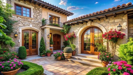 Mediterranean-style home exterior showcasing a sunlit stone facade, lush landscaping, and elegant double wooden doors.