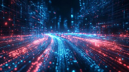 Fototapeta premium A vibrant digital landscape with flowing streams of red and blue light, representing data movement through a network.