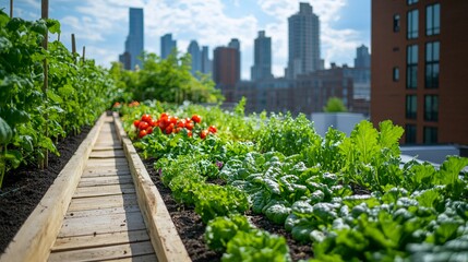 Fototapeta premium A vibrant rooftop garden featuring lush greens and colorful tomatoes, set against a backdrop of a city skyline under a bright blue sky.