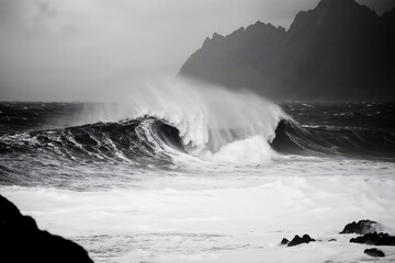 Stormy Seascape: A powerful black and white image of a dramatic wave crashing against the rugged coastline. The raw power of the sea is on full display, creating a powerful and unforgettable visual.