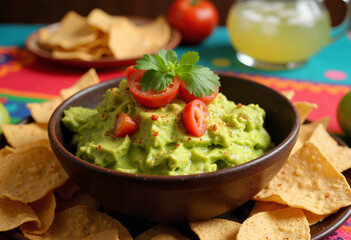 Guacamole with tomatoes and cilantro served with tortilla chips