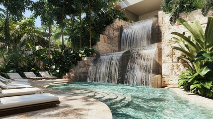 Tranquil Waterfall Poolside Relaxation Scene