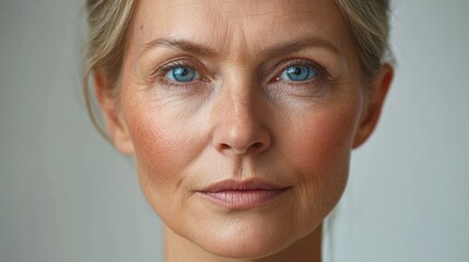 Before and after photos of a problematic face and healthy skin. Close Up Portrait of a Mature Woman with Freckles and Blue Eyes