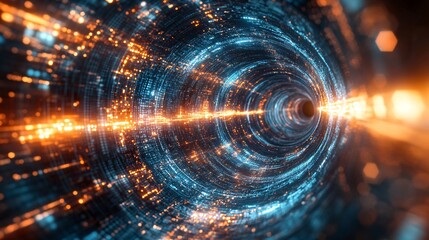 Obraz premium A futuristic, abstract representation of light and energy flowing through a tunnel, showcasing vibrant colors and dynamic patterns.