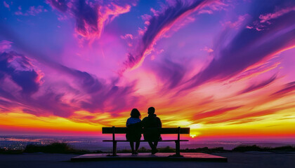 Obraz premium Picturesque landscape with a breathtaking sunset, in shades of purple, pink and orange. Two silhouettes sitting on a bench and enjoying the view of the horizon.
