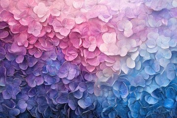 Fototapeta premium Pink, purple, blue hydrangea petals gradient background, floral texture