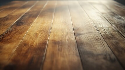 Obraz premium Close-up view of a polished wooden table surface reflecting warm sunlight in a cozy setting
