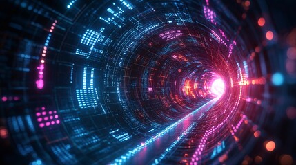 Fototapeta premium A vibrant, futuristic tunnel of lights and digital patterns, conveying a sense of speed and advanced technology.