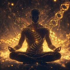 Golden Human Figure in Lotus Position with DNA Strands