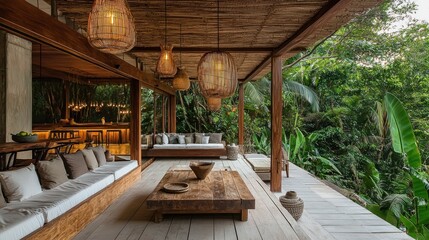 Fototapeta premium Tranquil Jungle Oasis: Luxurious Wooden Deck Design