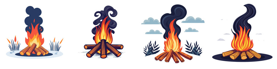 Dramatic image of a roaring campfire burning brightly in a serene natural setting with flames glowing embers and billowing smoke creating a warm and cozy atmosphere for outdoor adventure and