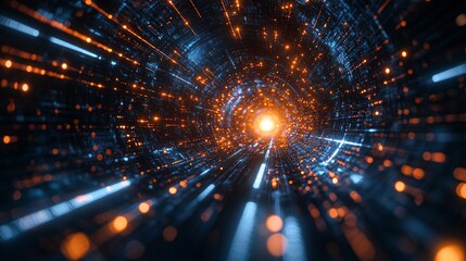 A vivid tunnel of glowing lights in blue and orange hues, suggesting movement through space and time, creating a dynamic and futuristic atmosphere.