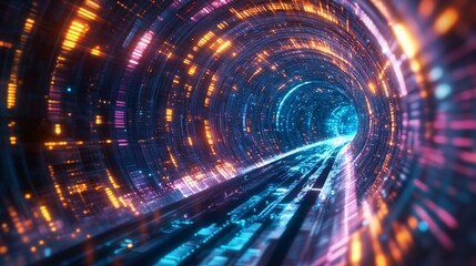 Fototapeta premium A vibrant, swirling tunnel of light, showcasing a futuristic design with blue, orange, and purple hues, creating a sense of speed and technology.