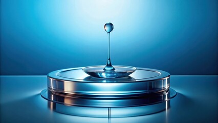 A single drop of liquid descends onto a reflective circular platform, creating a captivating visual study of surface tension and fluid dynamics