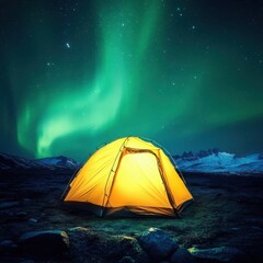 Illuminated Yellow Tent Under Vibrant Aurora Borealis Night Sky