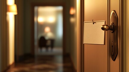 Obraz premium Wooden door with blank paper in hotel room.