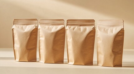 Four minimalist kraft paper bags are arranged neatly against a soft, neutral background, showcasing a clean and modern aesthetic.