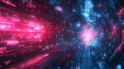 Obraz premium A vivid digital tunnel filled with vibrant blue and red lights, creating a sense of motion and depth, resembling a futuristic or sci-fi environment.