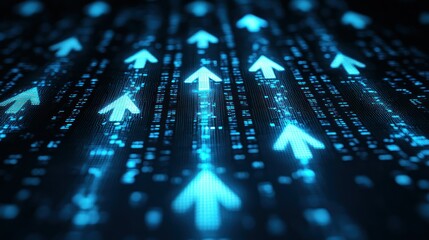 Blue digital upward arrows on binary code background for tech upload concept