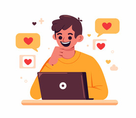 A person working on a laptop in a modern office setting. social media content creator concept. Performance marketing concept vector illustration