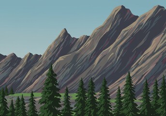 Fototapeta premium Scenic Mountain and Forest Landscape Illustration for Nature Enthusiasts and Outdoor Adventures