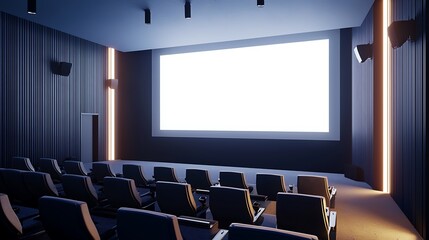 A movie theater with a large screen and rows of empty seats
