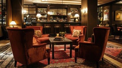 Elegant Lounge Bar with Red Velvet Armchairs and a Well-Stocked Bar