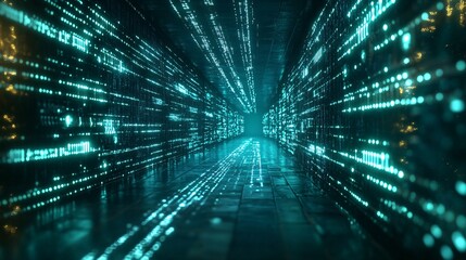 Obraz premium A futuristic corridor filled with glowing digital data streams, creating an immersive and high-tech visual experience.