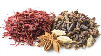 Obraz premium A vibrant display of saffron, cloves, and star anise on a clean white background, ideal for culinary use
