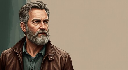 Fototapeta premium Mature Man Illustration in Leather Jacket with Thoughtful Expression for Portrait and Character Design