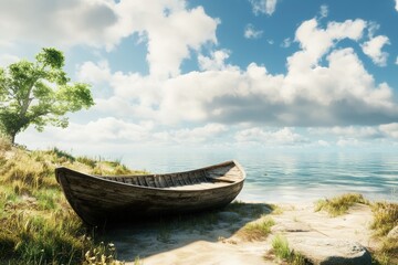 Obraz premium Photo on an old wooden boat in the middle of nature. 