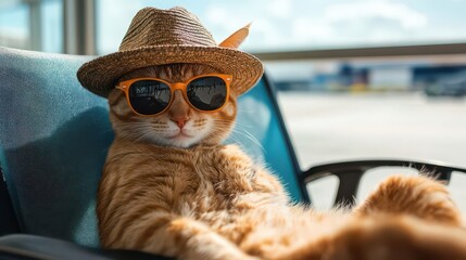 Stylish Cat in Sunglasses and Hat Relaxing