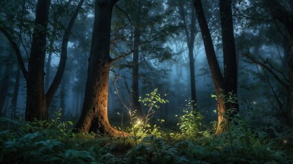 Obraz premium A misty forest at twilight, with fireflies glowing among ancient trees. Soft beams of moonlight filter through the branches, creating an ethereal, magical atmosphere.